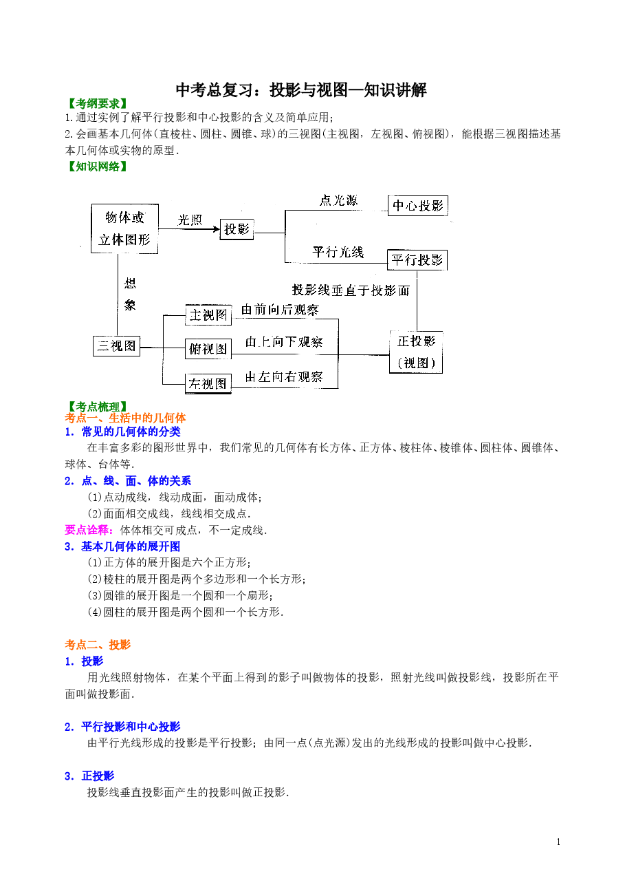 中考数学总复习：投影与视图--知识讲解.doc，第1页预览