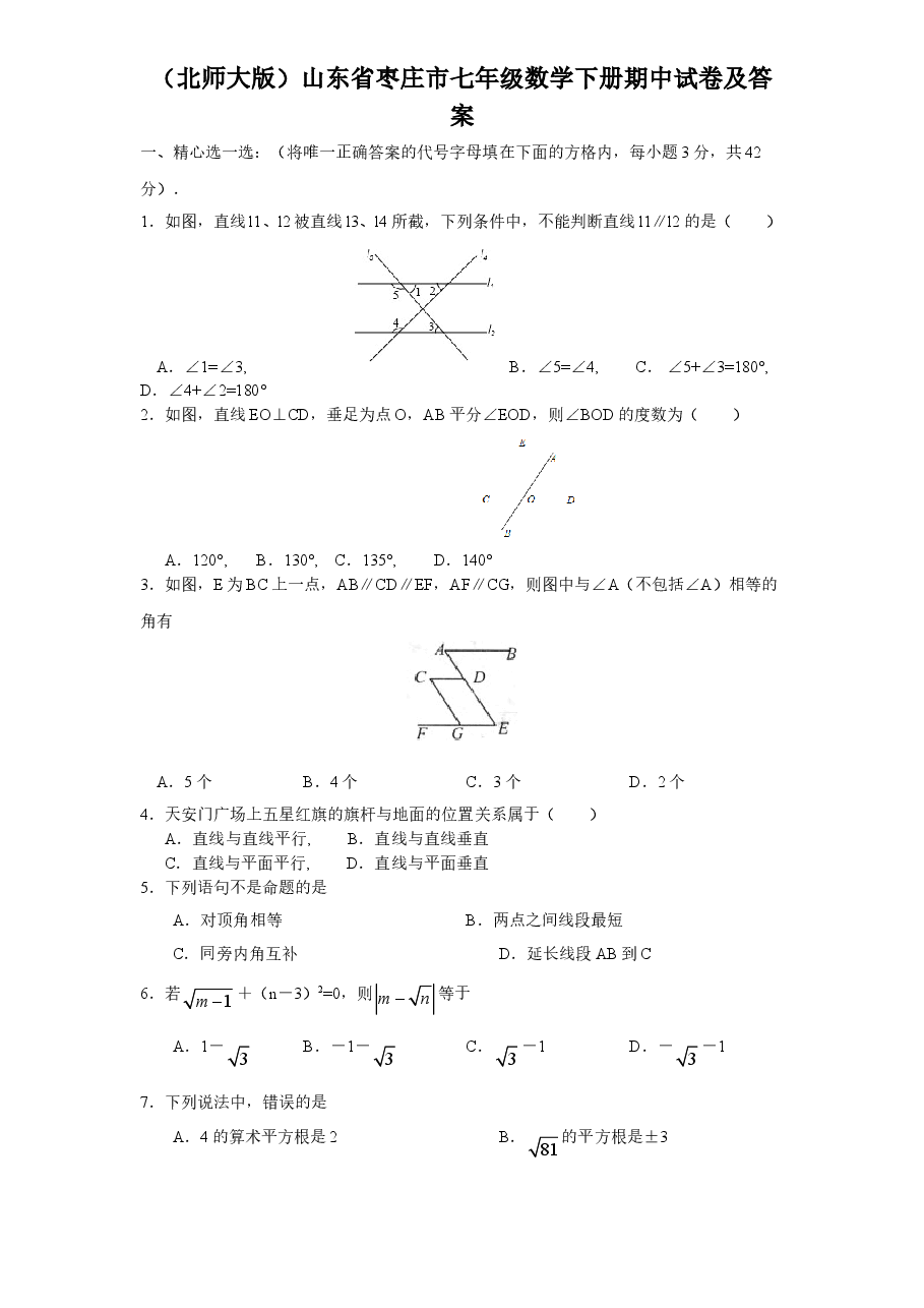 (北师大版)山东省枣庄市七年级数学下册期中试卷及答案(初中数学7年级下册).doc,第1页预览