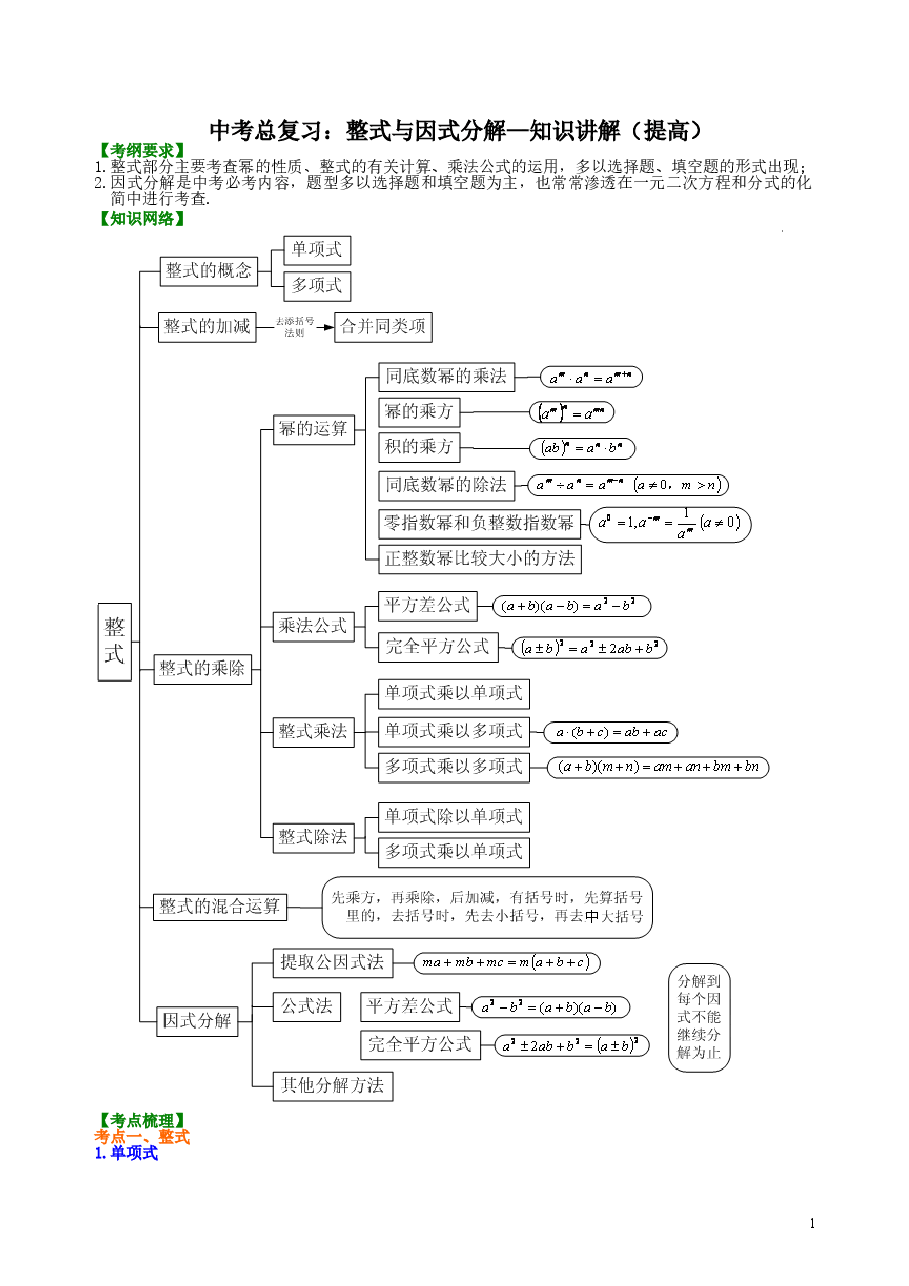中考数学总复习:整式与因式分解--知识讲解(提高).doc,第1页预览