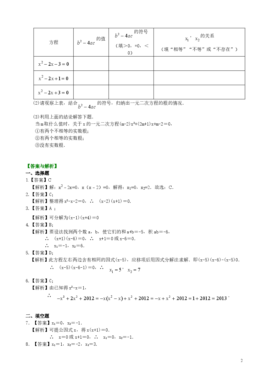 初中数学9年级一元二次方程的解法（三）--公式法，因式分解法—巩固练习（基础）.doc，第2页预览