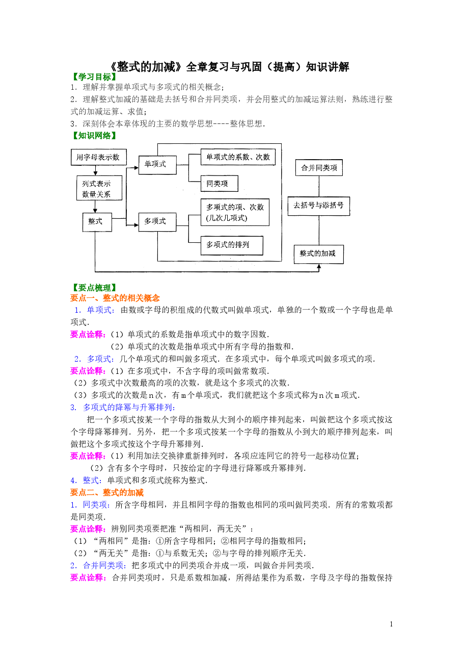 初中7年级(上册)《整式的加减》全章复习与巩固(提高)知识讲解.doc,第1页预览