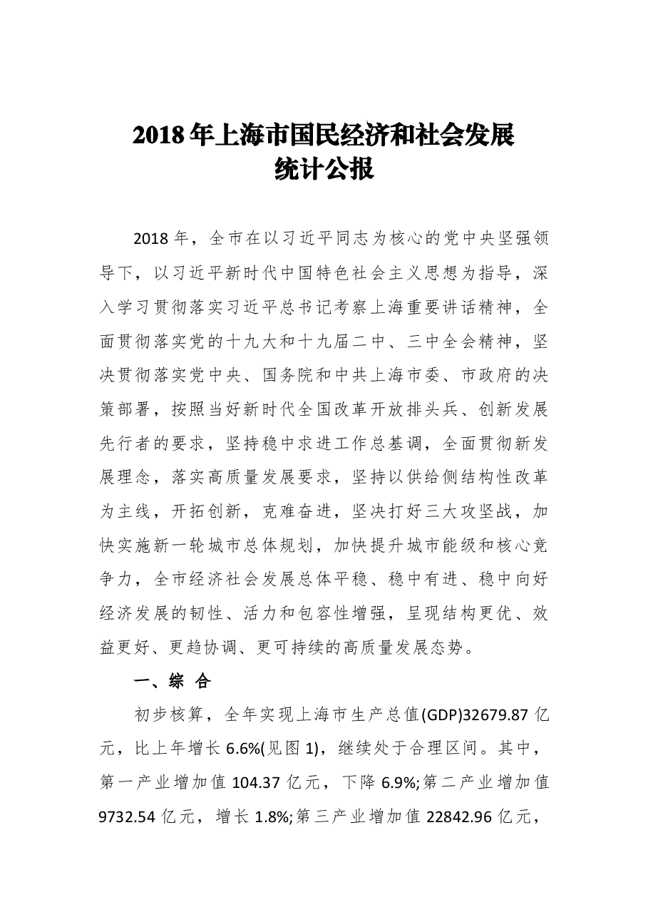 2018年上海市国民经济和社会发展统计公报.docx,第1页预览