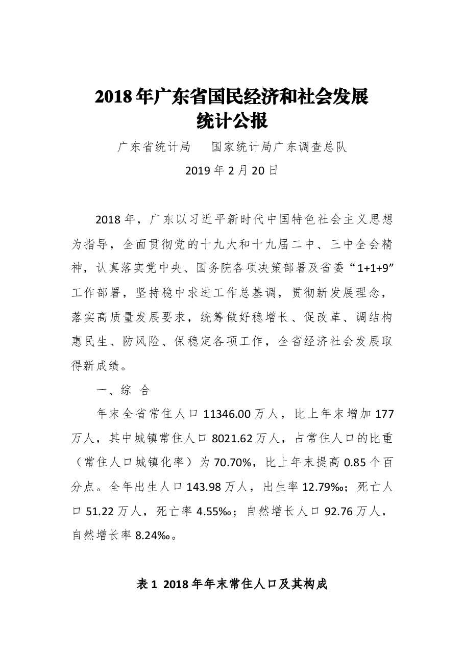 2018年广东省国民经济和社会发展统计公报.docx,第1页预览
