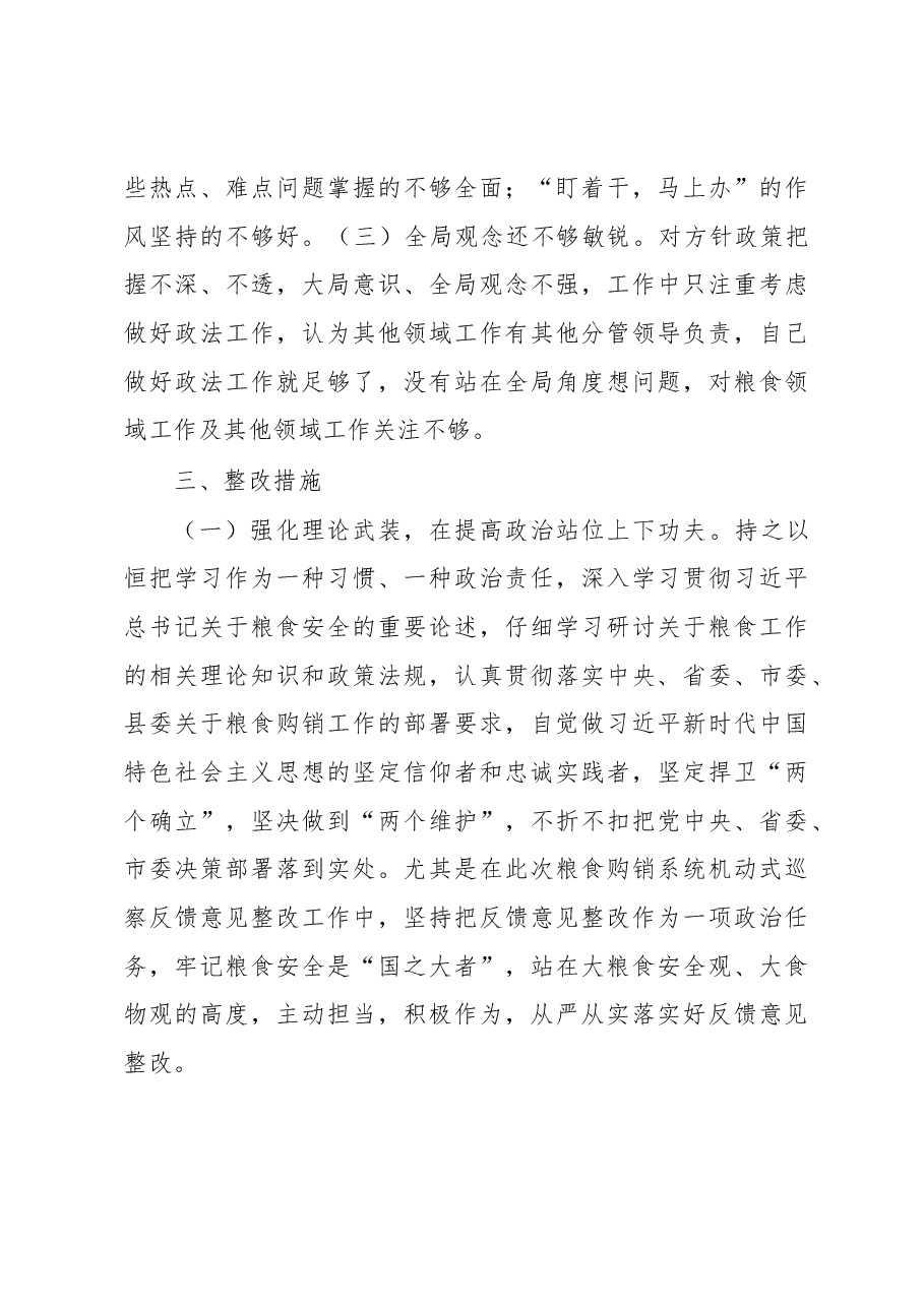 在县粮食购销系统机动式巡察反馈意见整改专题民主生活会发言提纲.docx,第4页预览