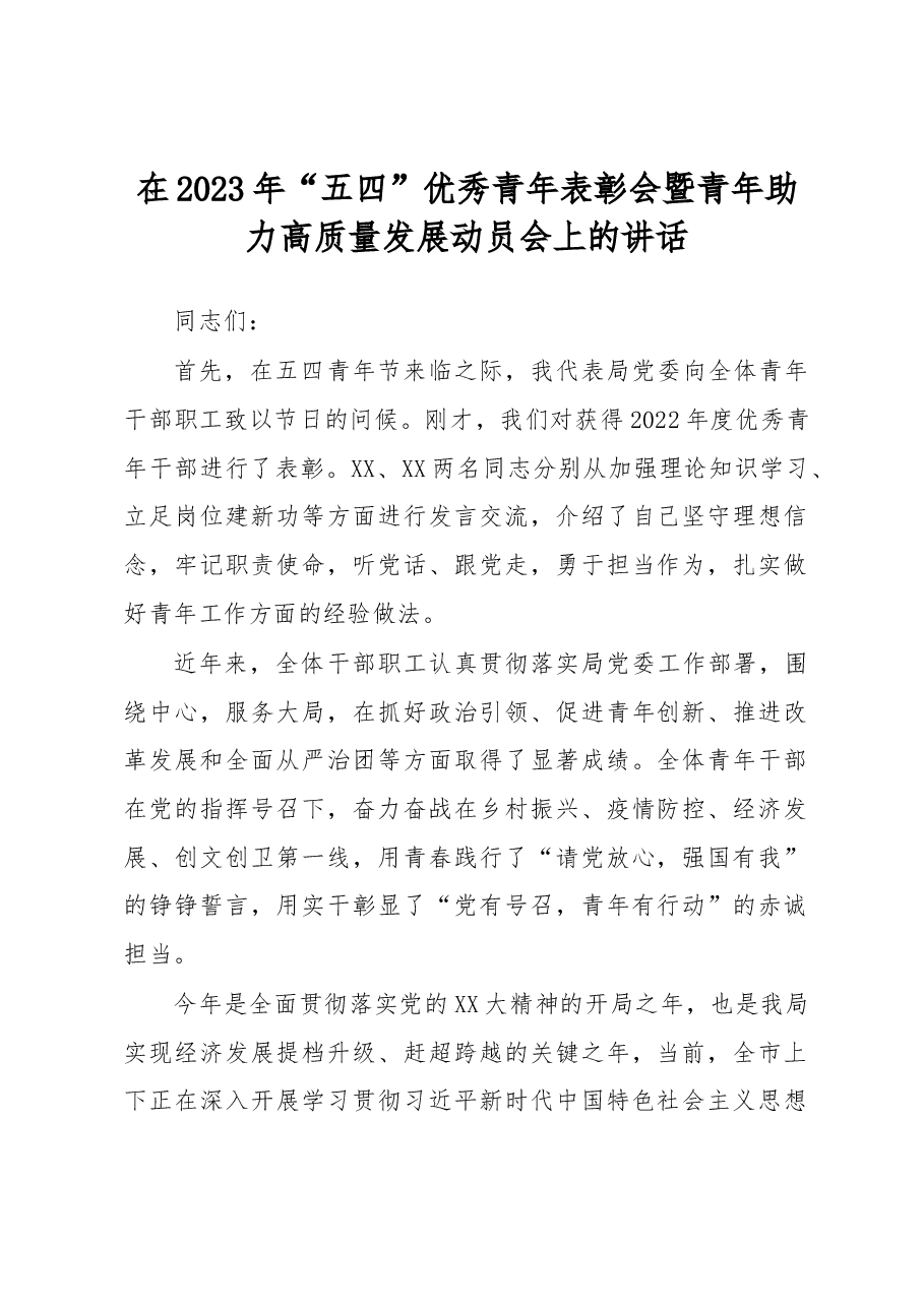 在2023年“五四”优秀青年表彰会暨青年助力高质量发展动员会上的讲话.docx,第1页预览