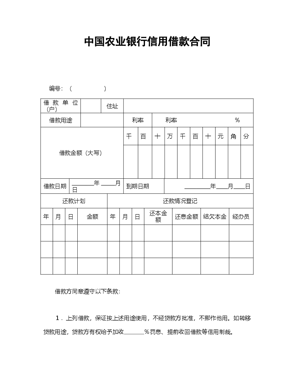 中国农业银行信用借款合同.doc,第1页预览