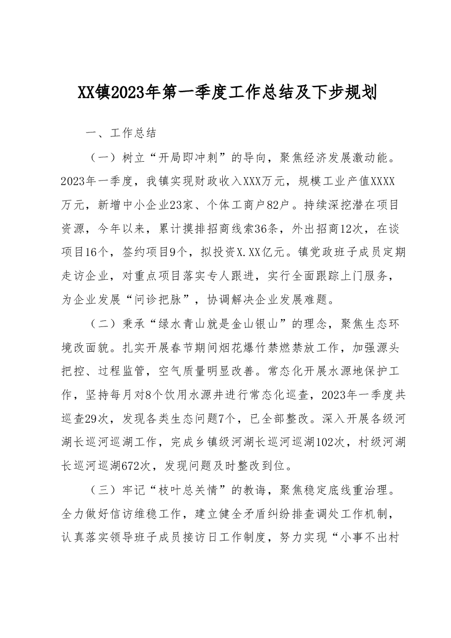 XX镇2023年第一季度工作总结及下步规划.docx，第1页预览