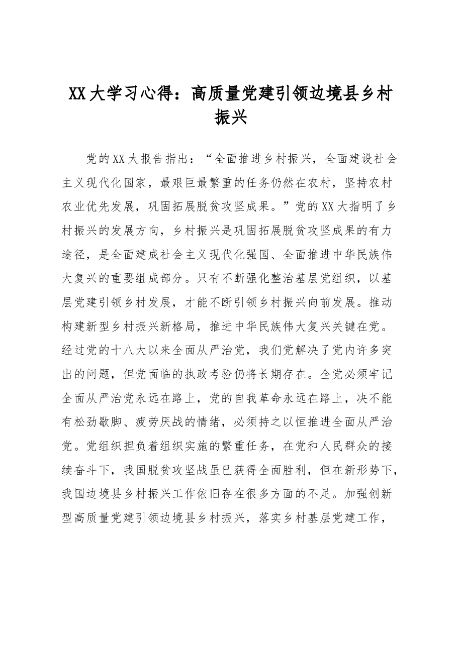 XX大学习心得:高质量党建引领边境县乡村振兴.docx,第1页预览