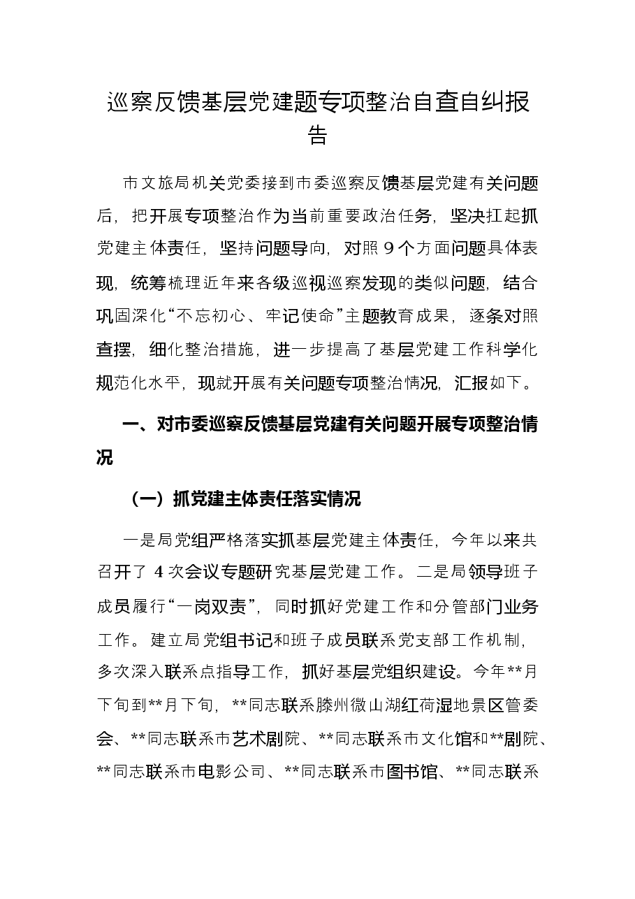 巡察反馈基层党建题专项整治自查自纠报告.docx,第1页预览