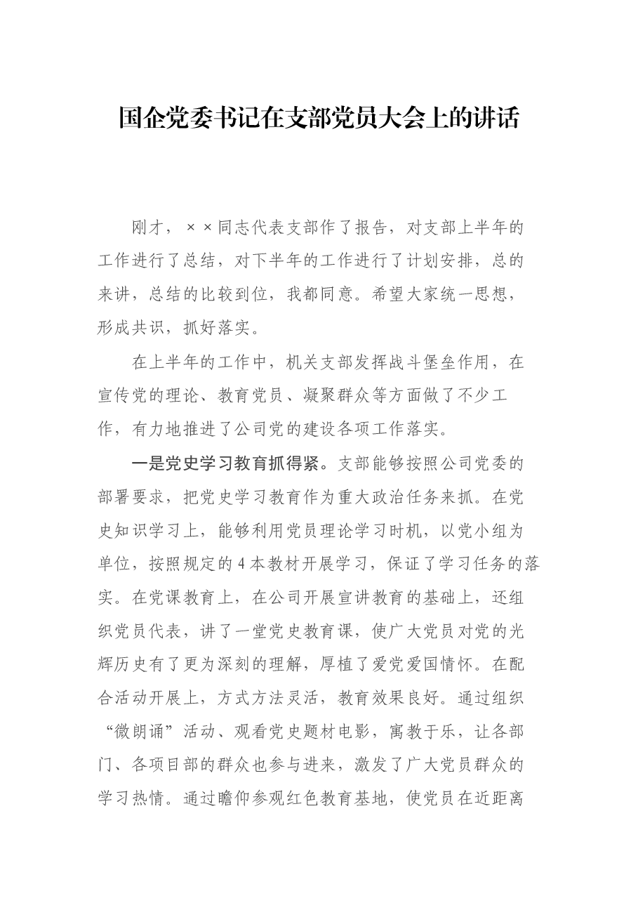 国企党委书记在支部党员大会上的讲话.docx，第1页预览