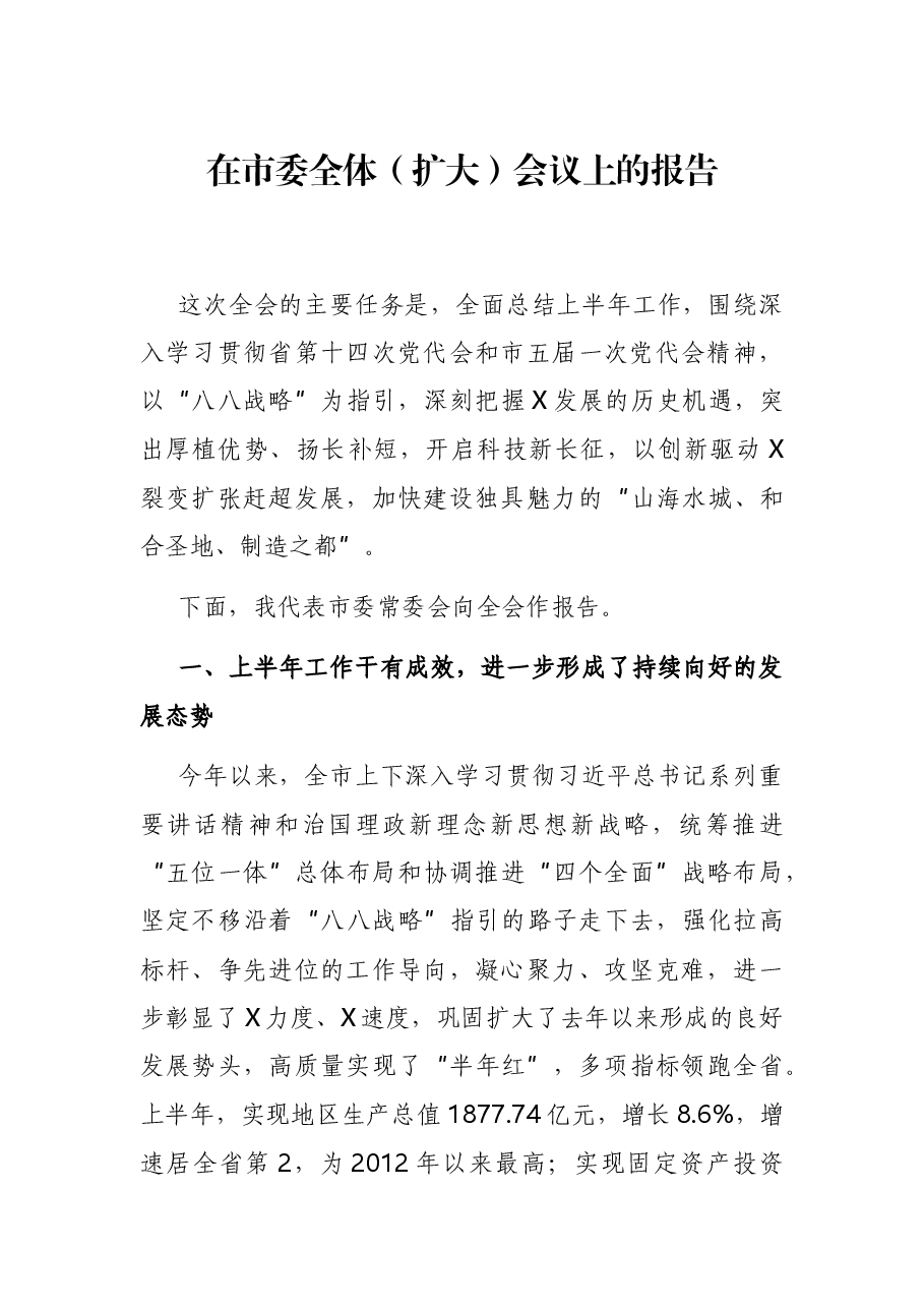 在市委全体(扩大)会议上的报告.docx,第1页预览