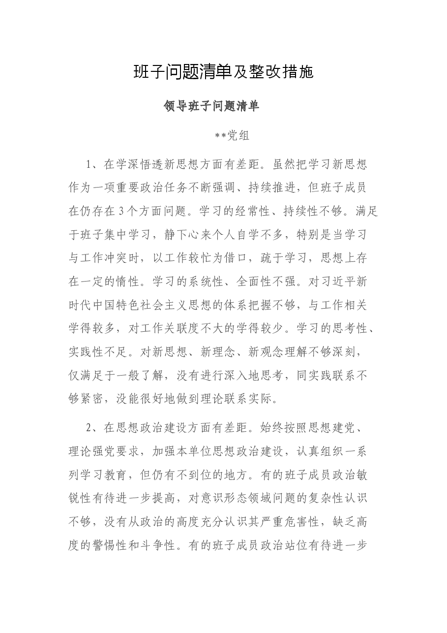 班子问题清单及整改措施.docx,第1页预览