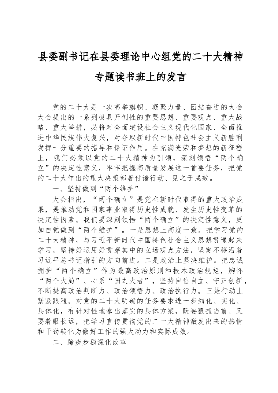 县委副书记在县委理论中心组党的二十大精神专题读书班上的发言.docx,第1页预览