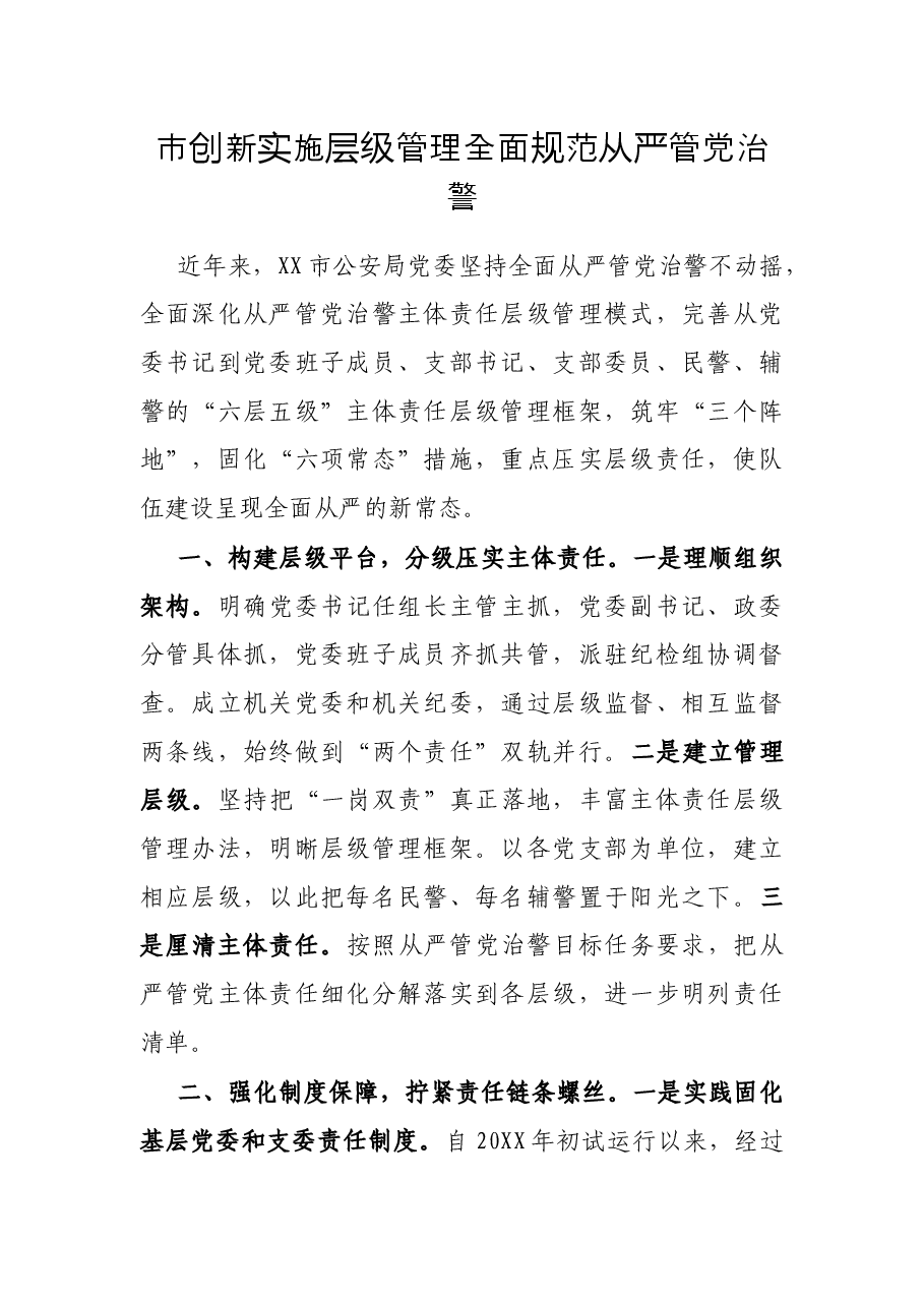 市创新实施层级管理全面规范从严管党治警.docx,第1页预览