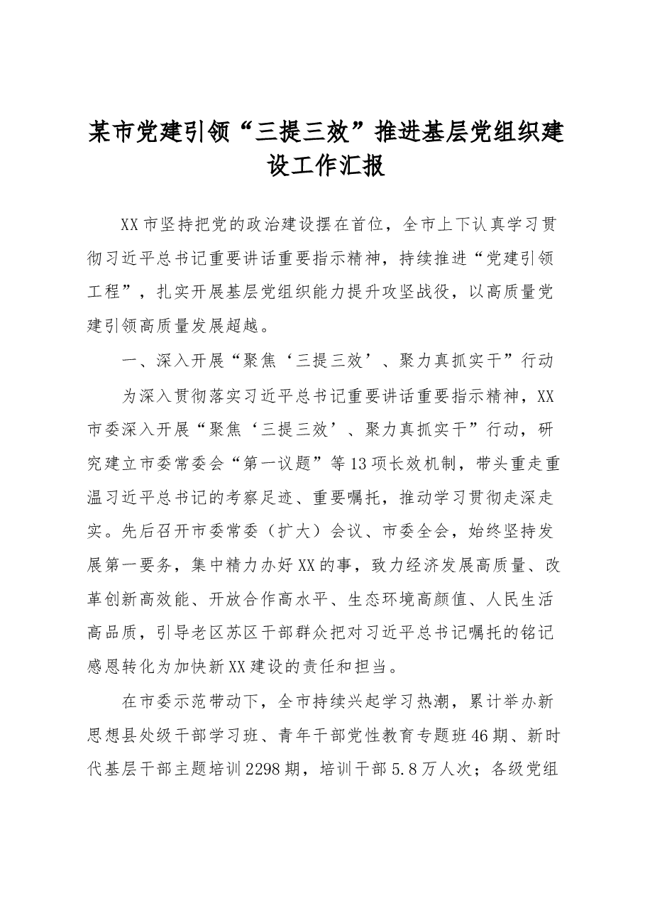 某市党建引领“三提三效”推进基层党组织建设工作汇报.docx,第1页预览