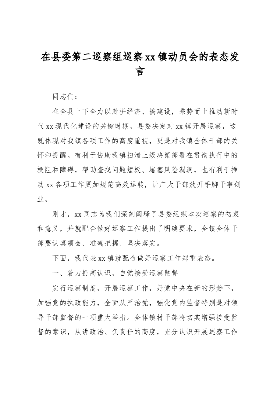在县委第二巡察组巡察xx镇动员会的表态发言.docx,第1页预览