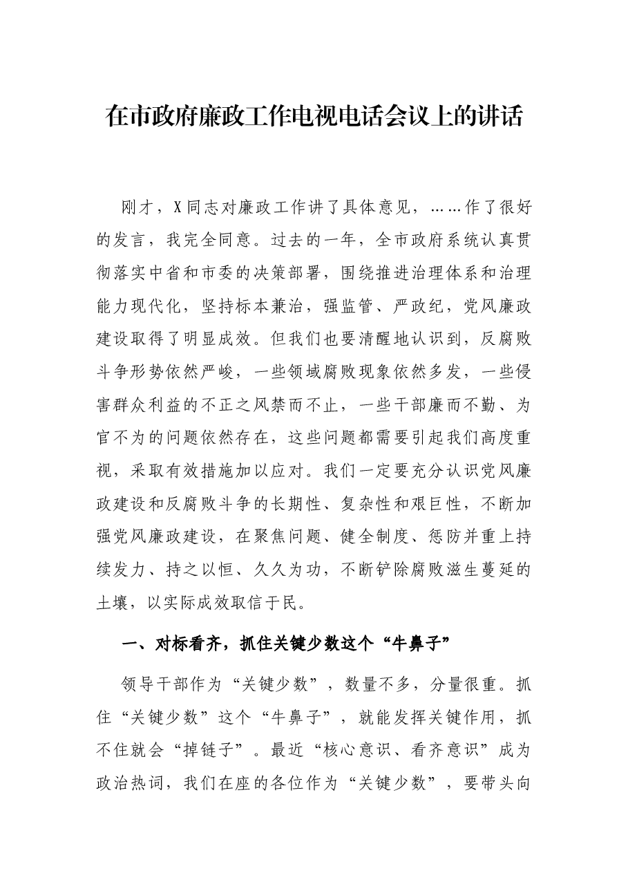 在市政府廉政工作电视电话会议上的讲话.docx，第1页预览