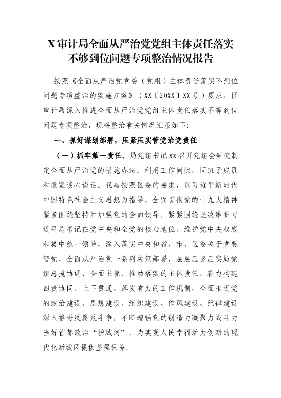X审计局全面从严治党党组主体责任落实不够到位问题专项整治情况报告.docx,第1页预览