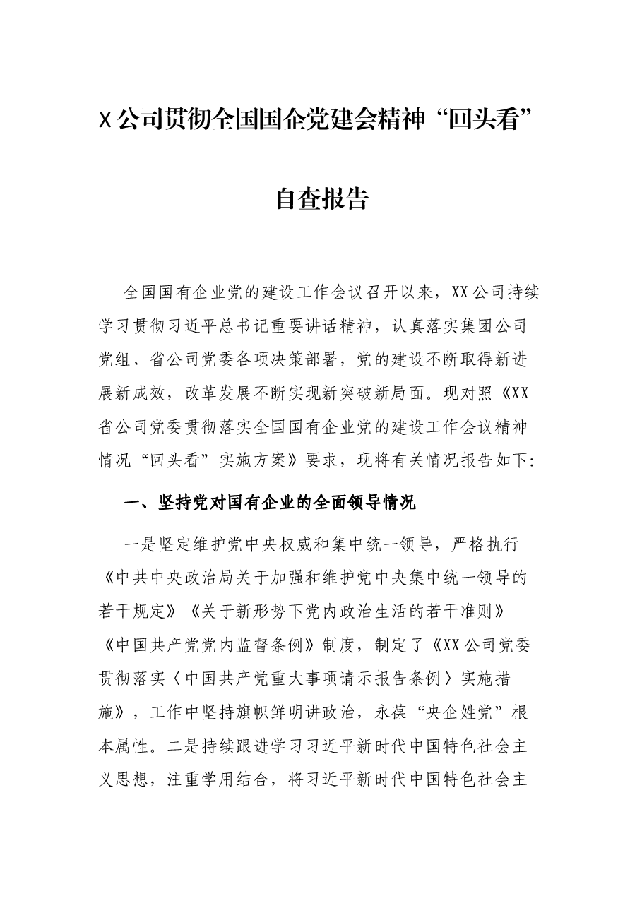 X公司贯彻全国国企党建会精神“回头看”自查报告.docx,第1页预览