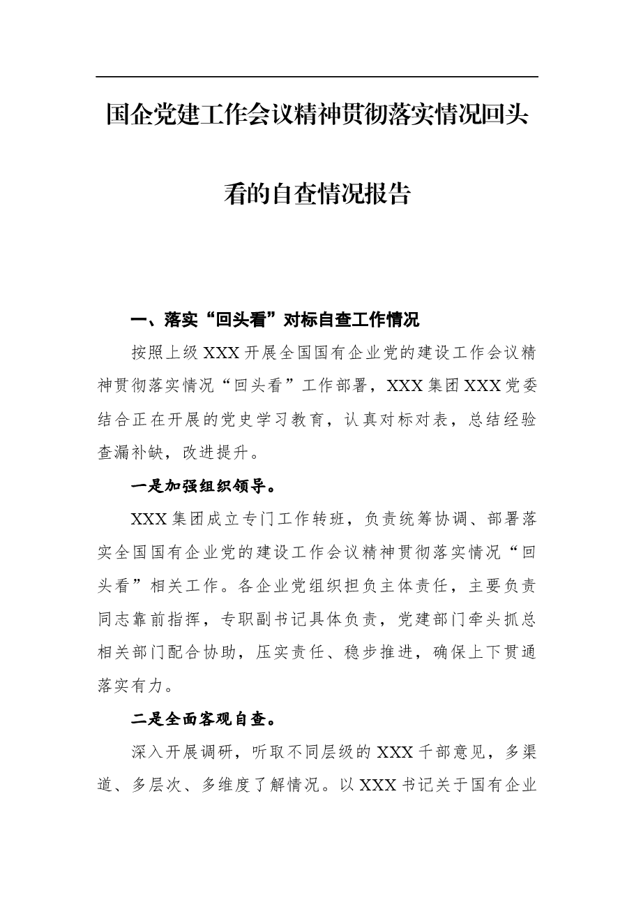 国企党建工作会议精神贯彻落实情况回头看的自查情况报告.docx,第1页预览