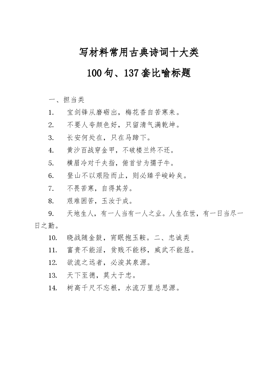 写材料常用古典诗词十大类100句、137套比喻标题.docx,第1页预览