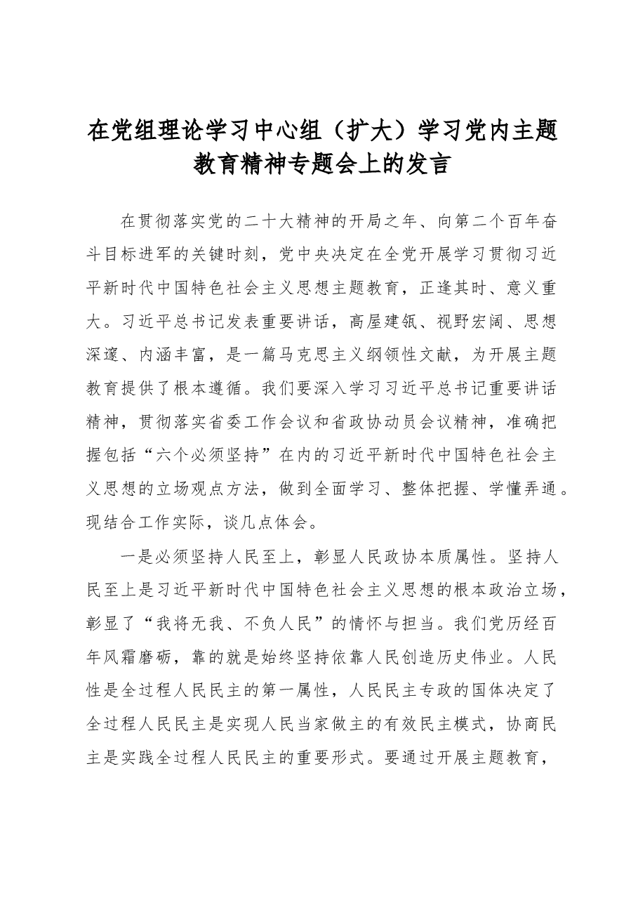 在党组理论学习中心组(扩大)学习党内主题教育精神专题会上的发言.docx,第1页预览