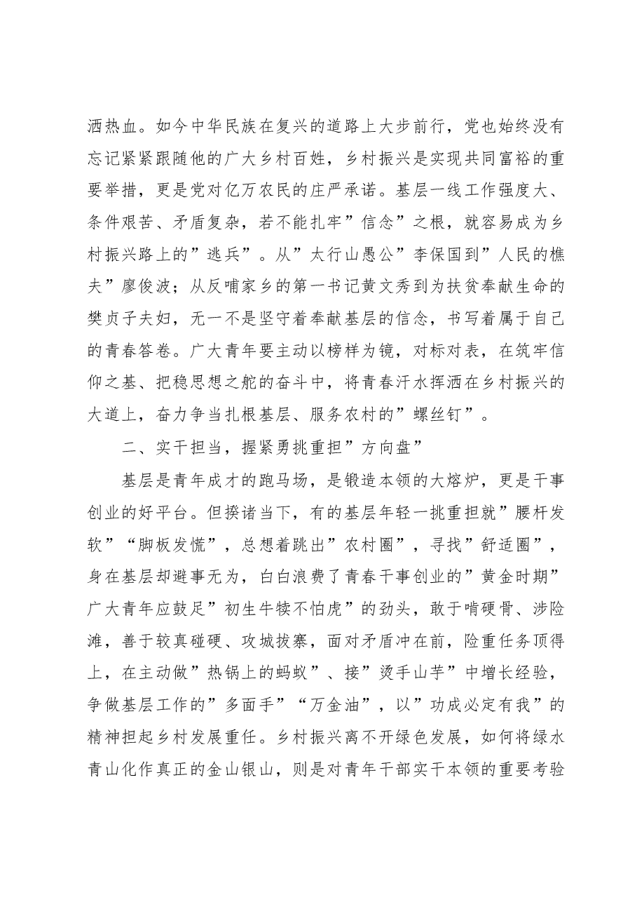 交流研讨发言:践行回信精神助力乡村振兴用青春书写新时代华彩篇章.doc,第2页预览