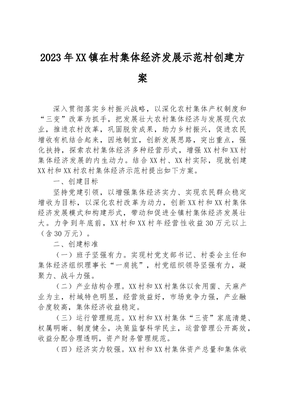 2023年XX镇在村集体经济发展示范村创建方案.docx,第1页预览