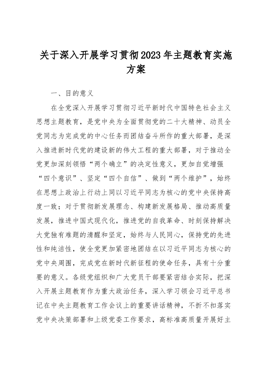 关于深入开展学习贯彻2023年主题教育实施方案.docx,第1页预览
