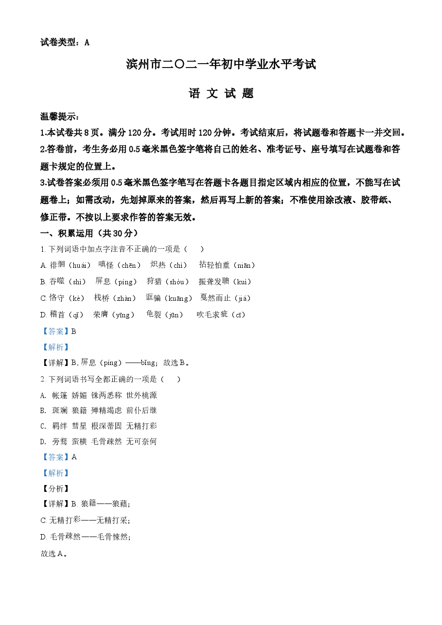 精品解析:山东省滨州市2021年中考语文试题(解析版).doc,第1页预览
