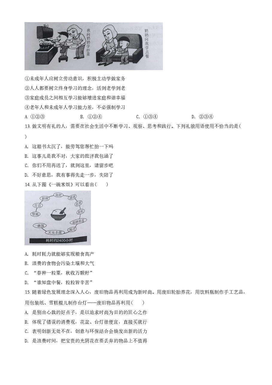 精品解析：2021年河南省中考道德与法治真题（原卷版）.doc，第4页预览