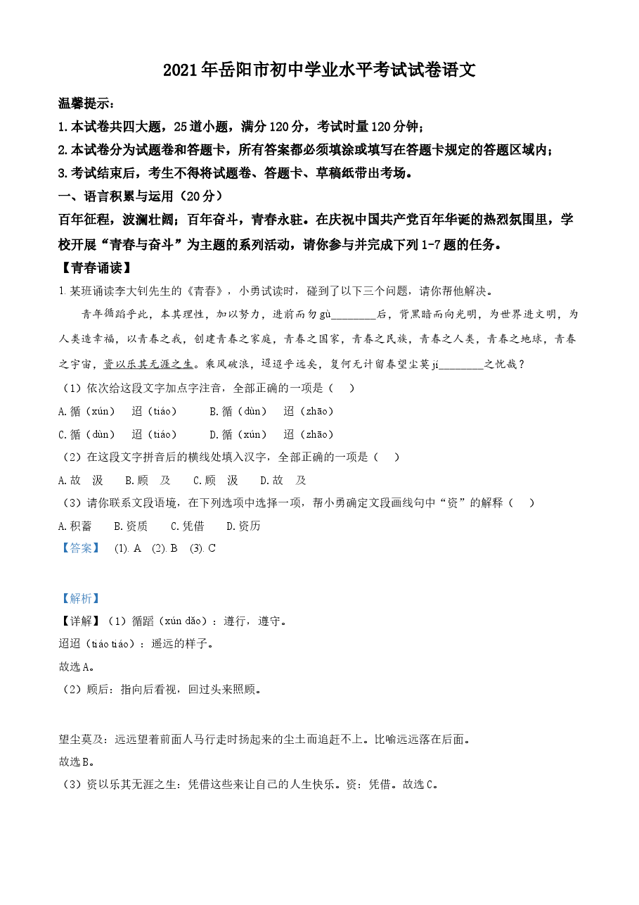 精品解析:湖南省岳阳市2021年中考语文试题(解析版).doc,第1页预览