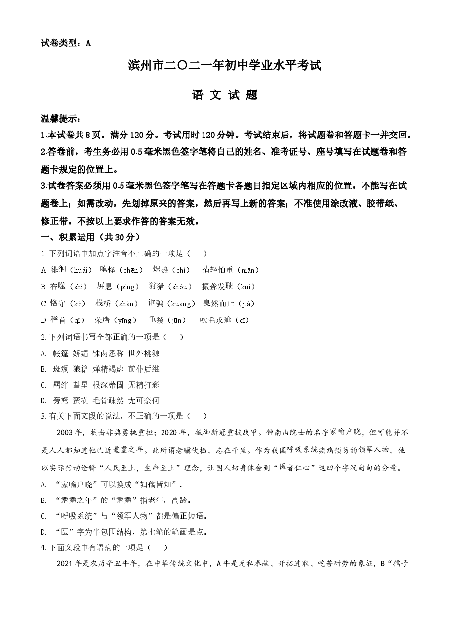 精品解析：山东省滨州市2021年中考语文试题（原卷版）.doc，第1页预览