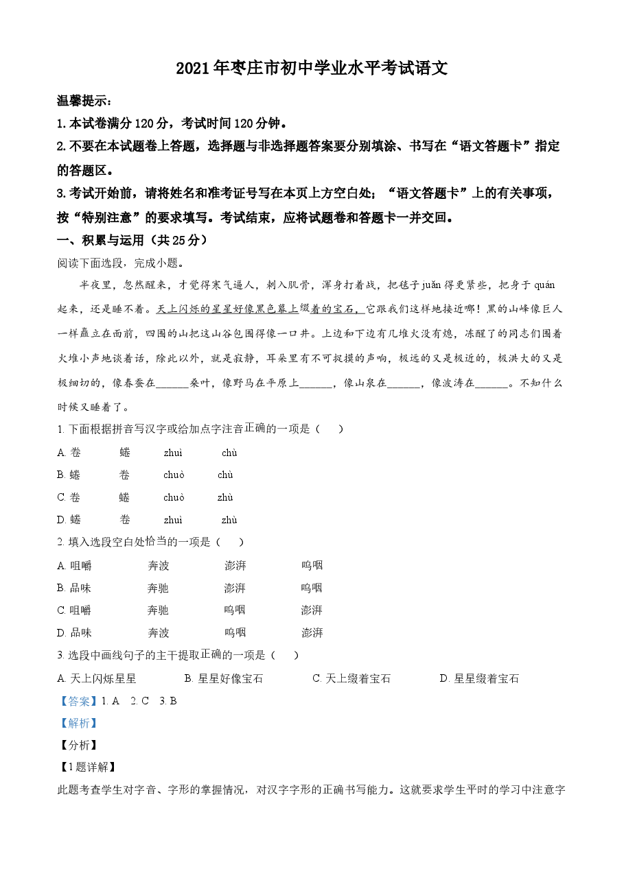 精品解析：山东省枣庄市2021年中考语文试题（解析版）.doc，第1页预览