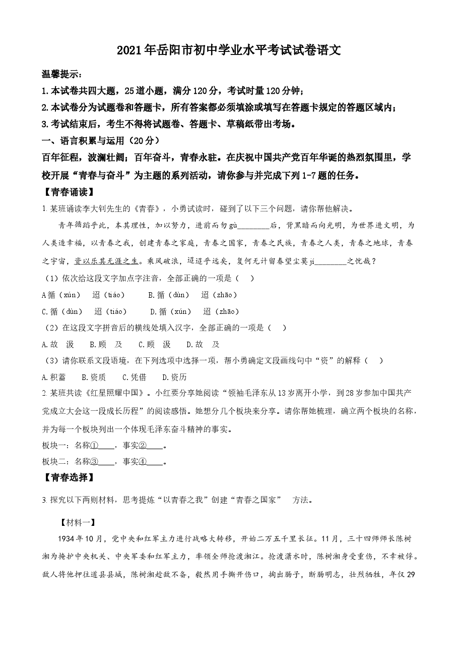 精品解析:湖南省岳阳市2021年中考语文试题(原卷版).doc,第1页预览