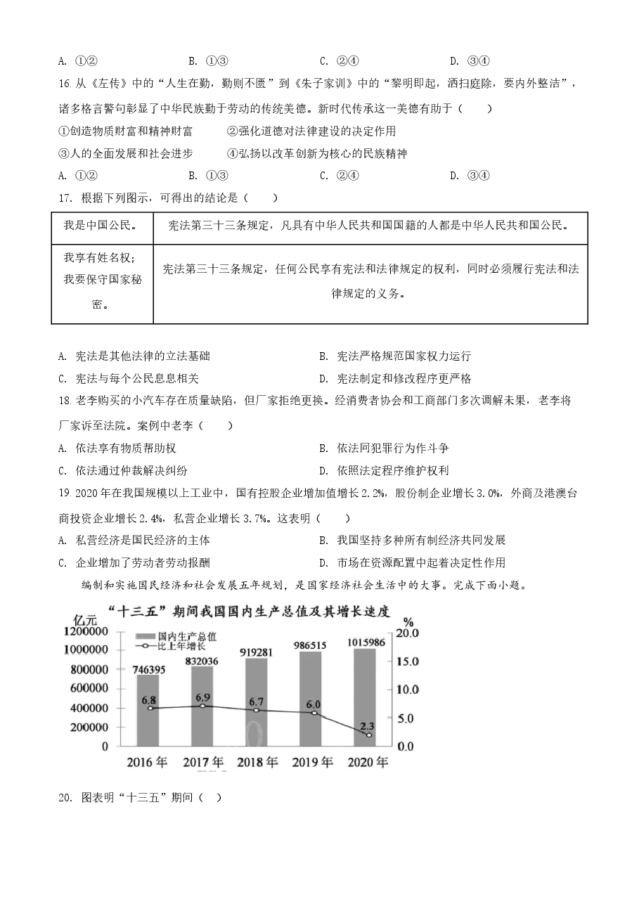 精品解析：2021年福建省中考道德与法治真题（原卷版）.doc，第4页预览