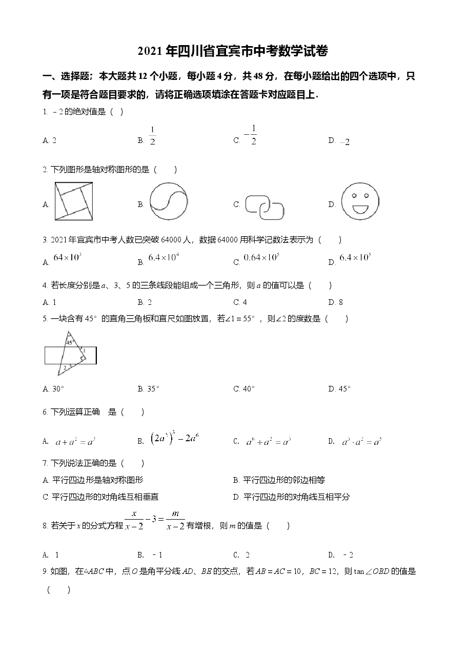 精品解析:四川省宜宾市2021年中考数学真题(原卷版).doc,第1页预览