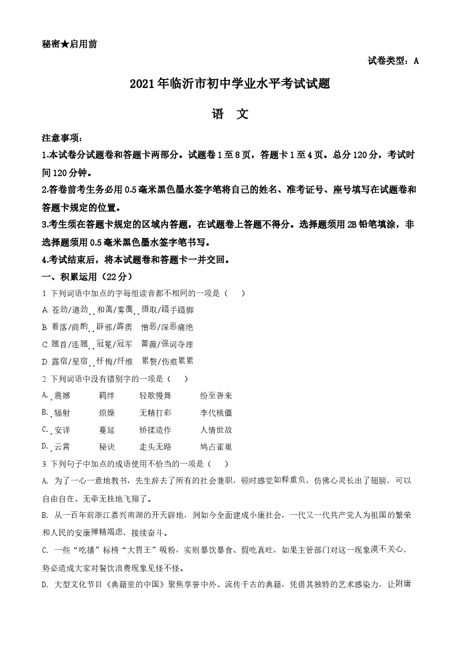 精品解析：山东省临沂市2021年中考语文试题（原卷版）.doc，第1页预览