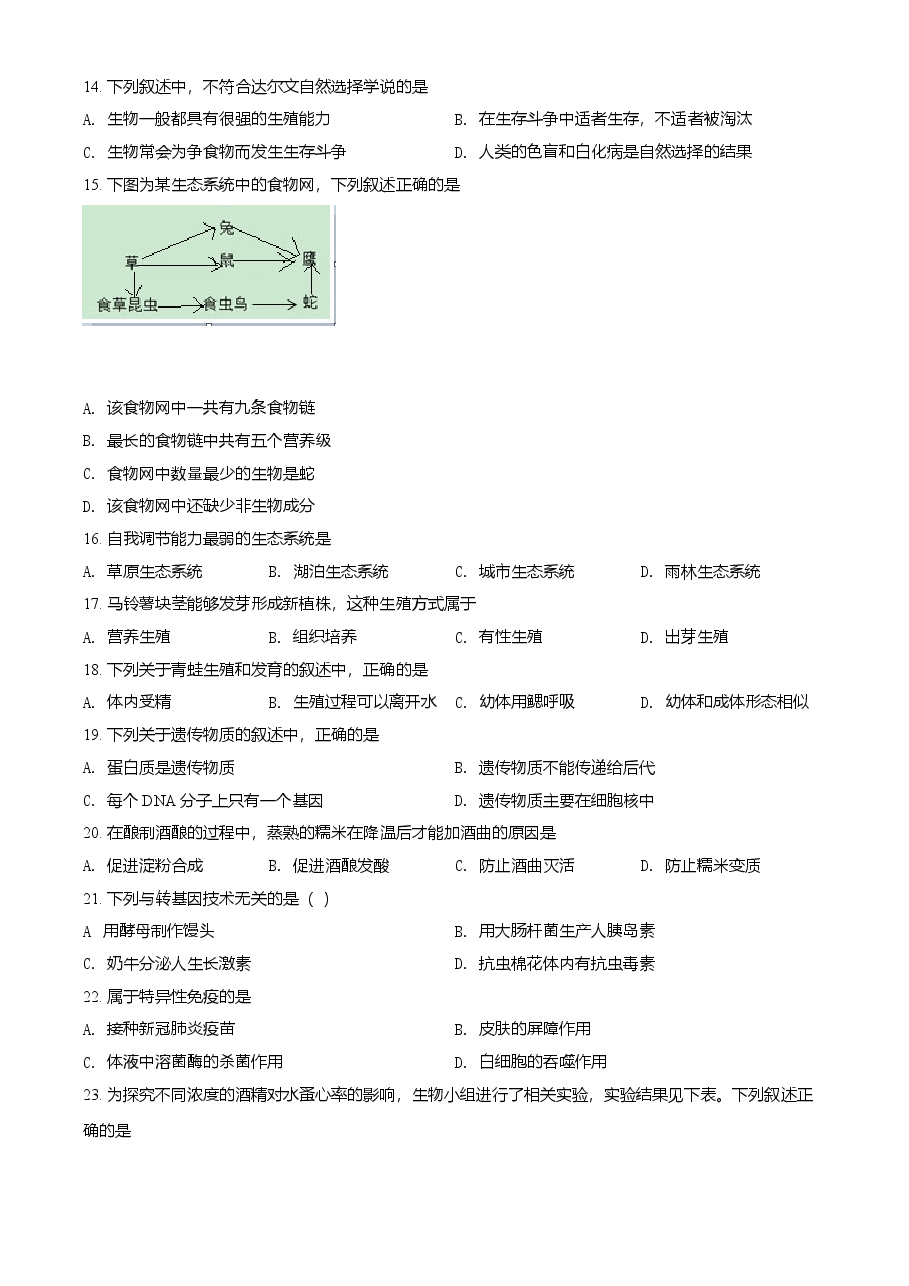 精品解析:江苏省常州市2021年中考生物试题(原卷版).doc,第3页预览