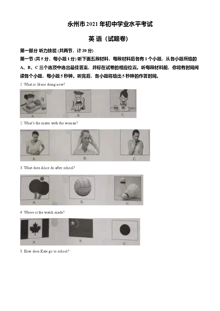 精品解析:湖南省永州市2021年中考英语试题(解析版).doc,第1页预览