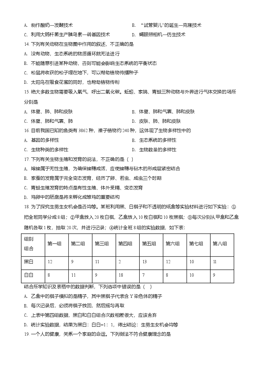 精品解析:湖南省衡阳市2021年中考生物试题(原卷版).doc,第4页预览