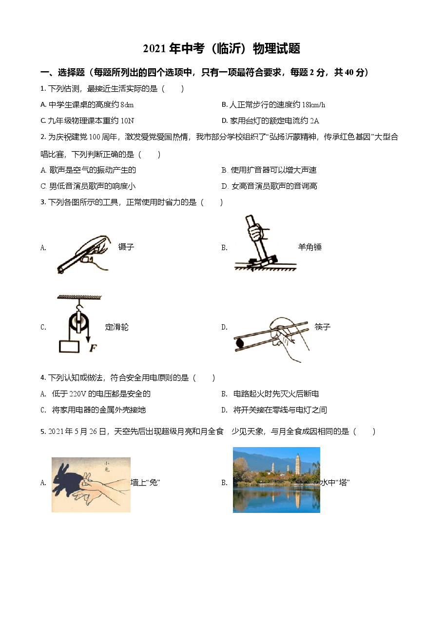 精品解析:2021年山东省临沂市中考物理真题(原卷版).doc,第1页预览