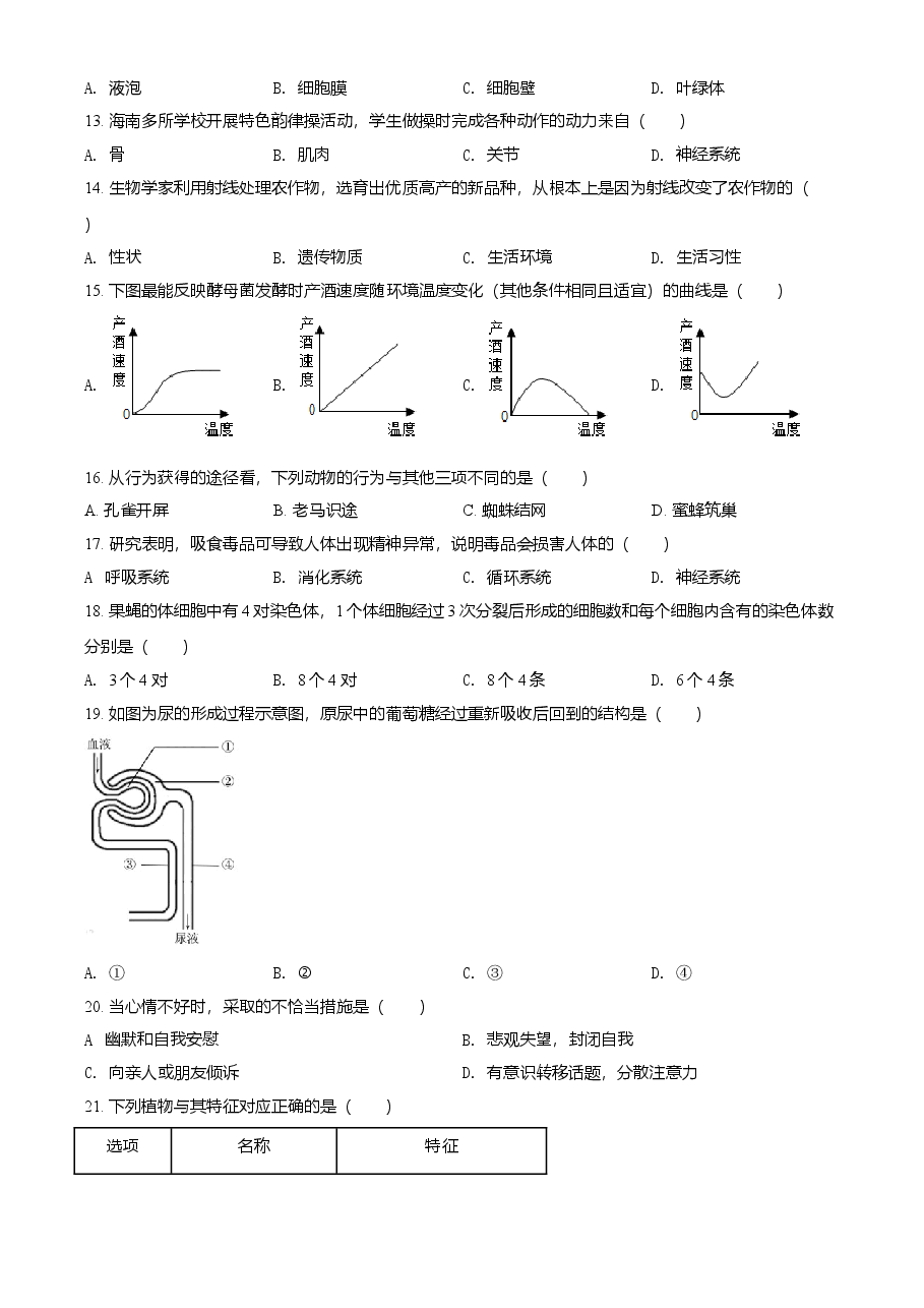 精品解析:海南省2021年中考生物试题(原卷版).doc,第2页预览