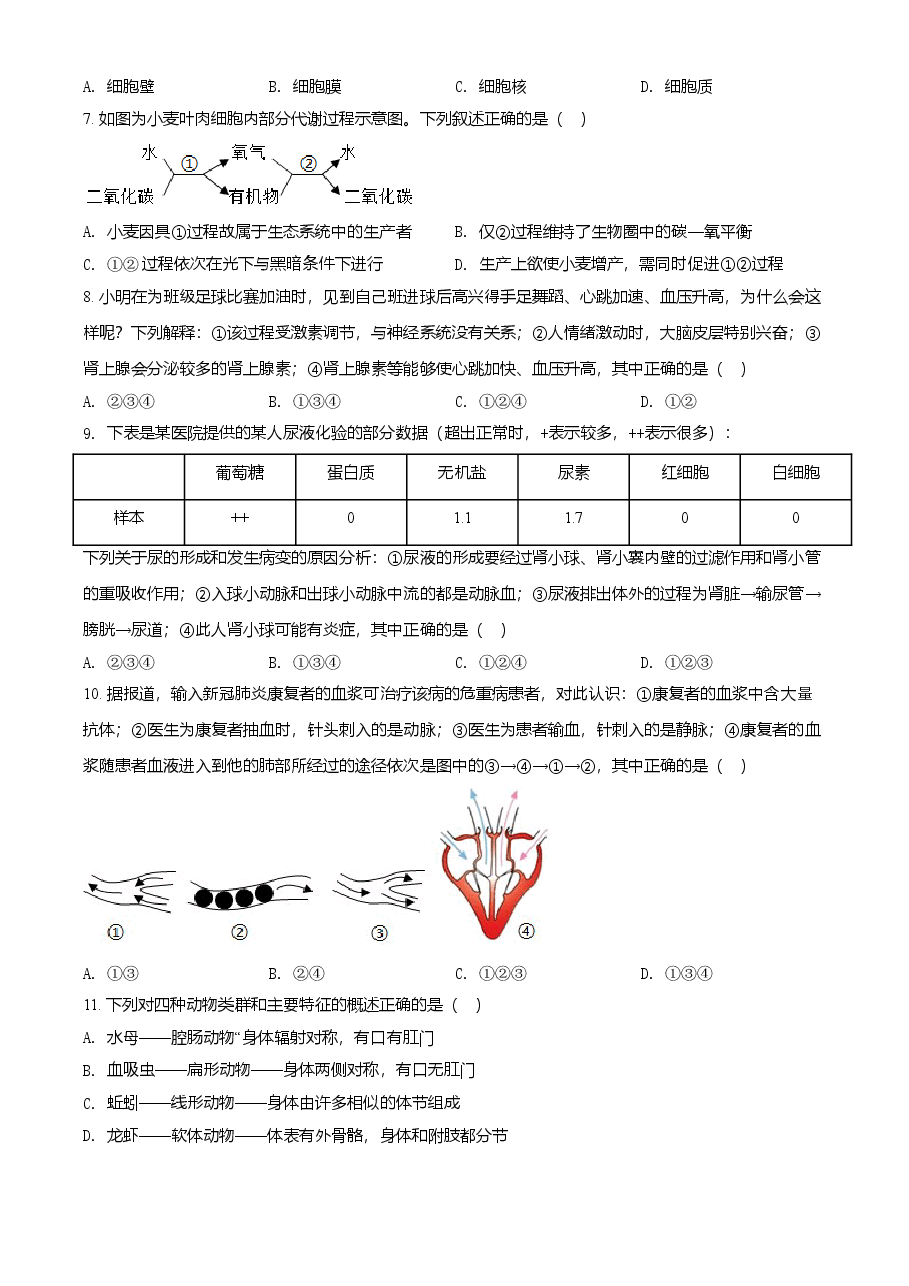 精品解析:湖北省宜昌市2021年中考生物试题(原卷版).doc,第2页预览