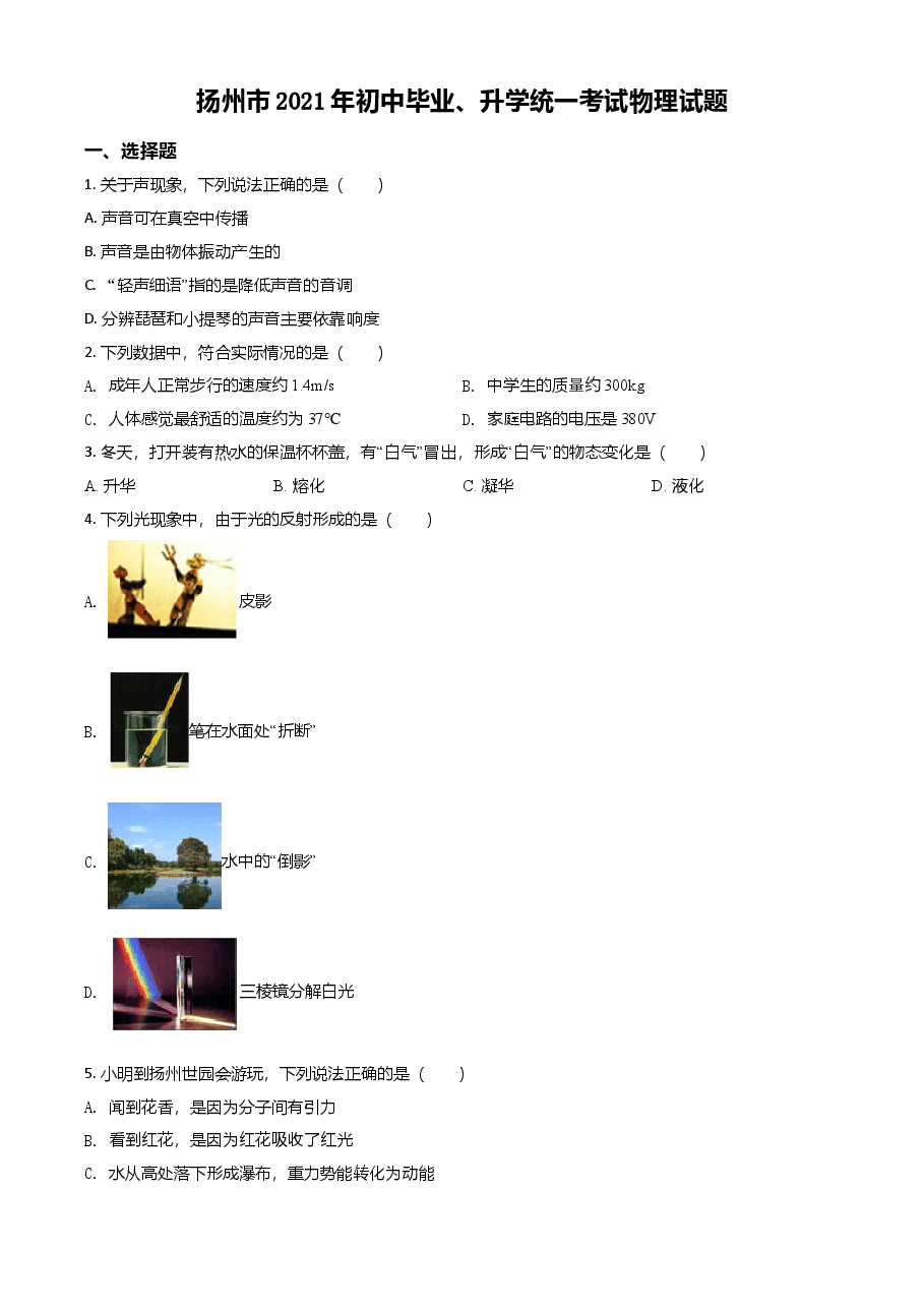 精品解析:2021年江苏省扬州市中考物理试题(原卷版).doc,第1页预览