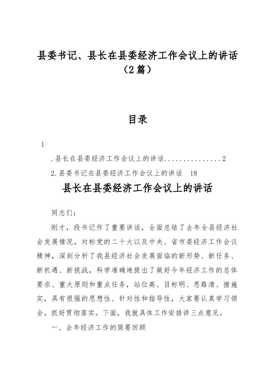 (2篇)县委书记、县长在县委经济工作会议上的讲话.docx,第1页预览
