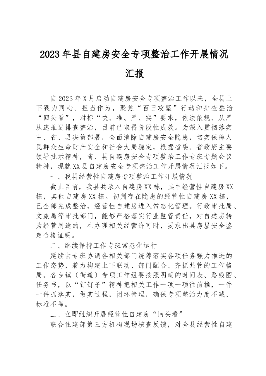 2023年县自建房安全专项整治工作开展情况汇报.docx,第1页预览