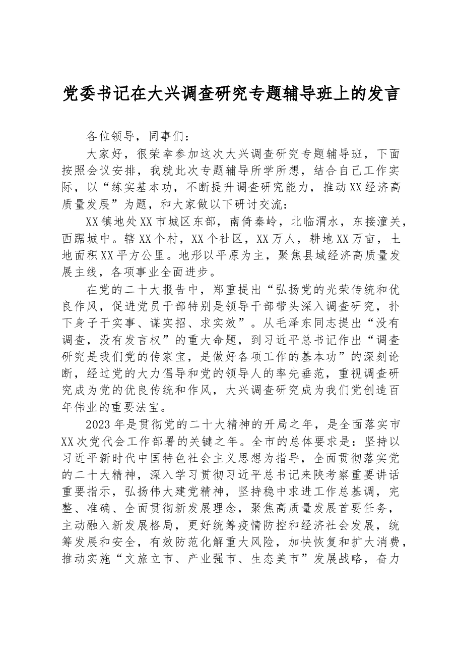 党委书记在大兴调查研究专题辅导班上的发言.docx,第1页预览