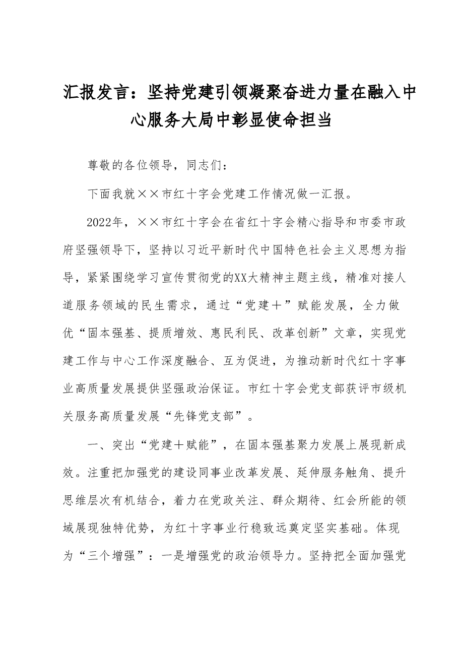 汇报发言：坚持党建引领  凝聚奋进力量  在融入中心服务大局中彰显使命担当.docx，第1页预览