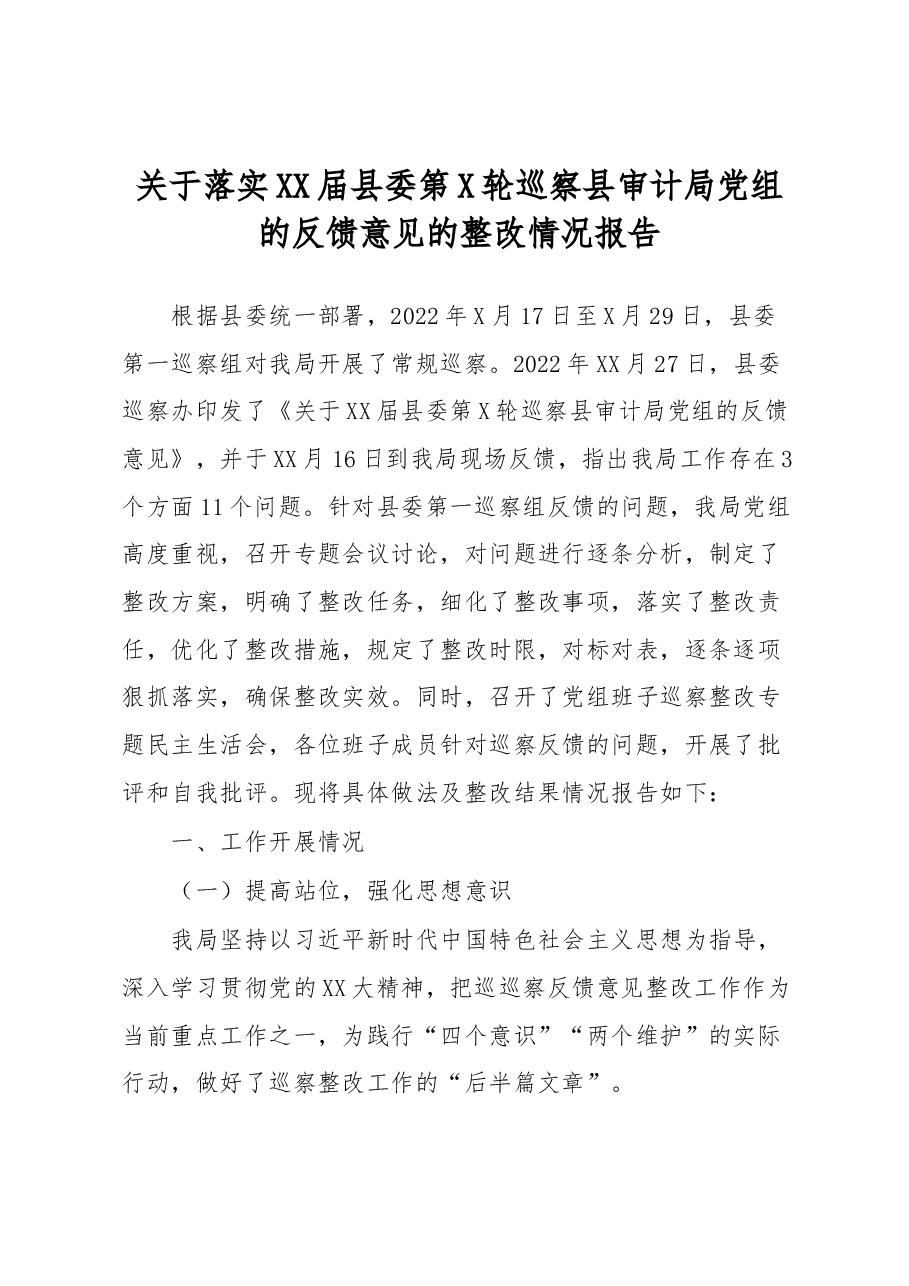 关于落实XX届县委第X轮巡察县审计局党组的反馈意见的整改情况报告.docx,第1页预览